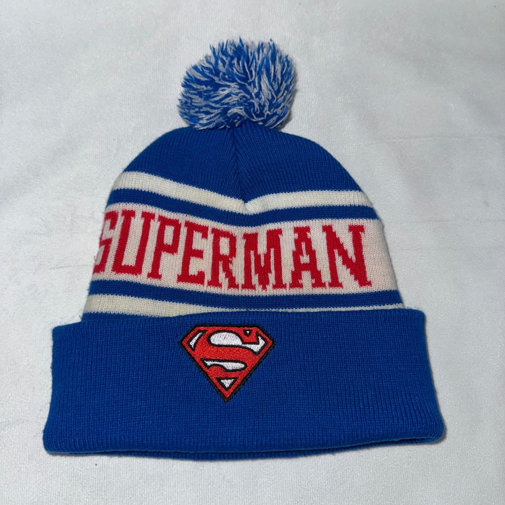 Superman Pom Beanie Embroidered Logo DC Comics Blue White Striped Hat